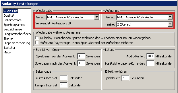Einstellungen Audio E/A